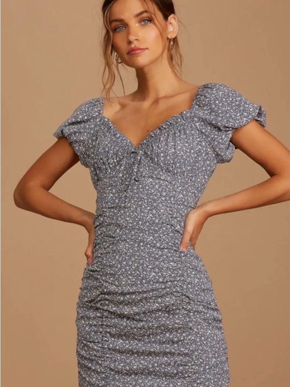 Lulu's Dusty Blue Floral Smocked Mini Dress